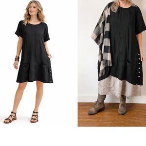 Intermezzo Collections Womens 100% Linen Black lagenlook Dress but side buttons